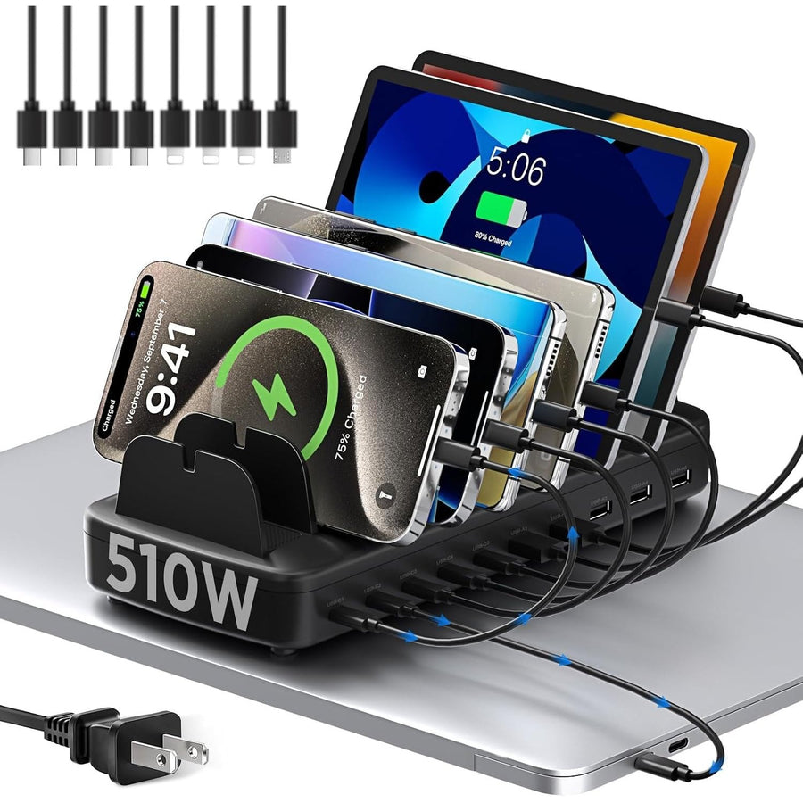 510W 10-Port Charging Station for Multiple Devices with 8 Cables