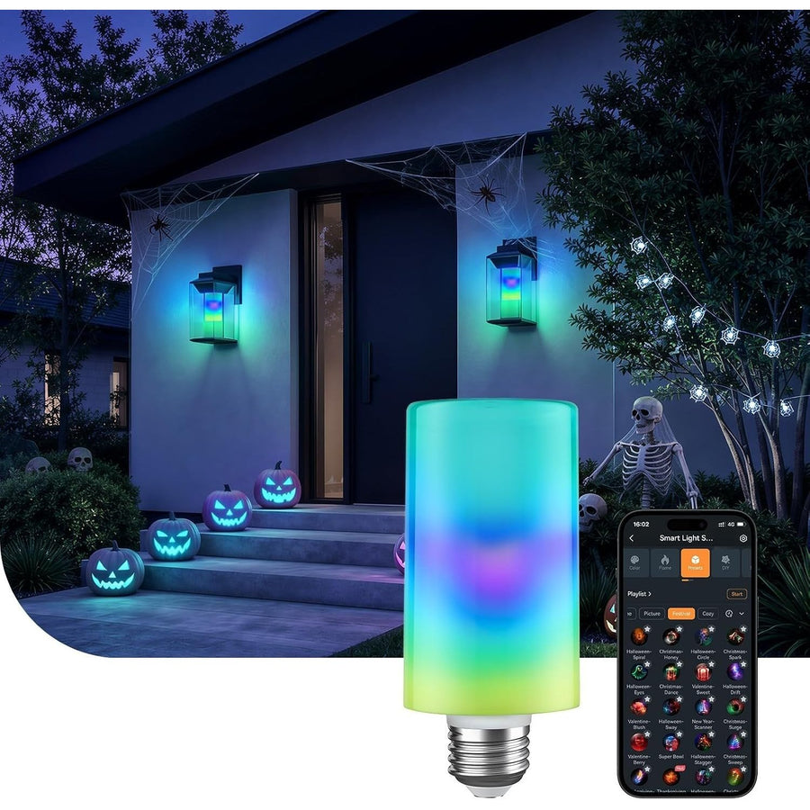 Smart Wi-Fi color-changing light bulb with flame effects