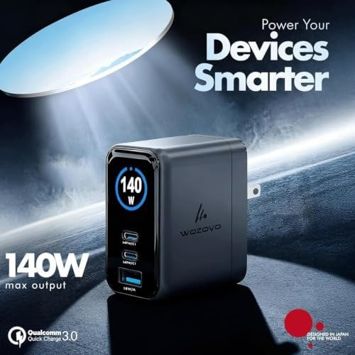 3-Port GaN Fast Charger with Smart LED Display, 2 USB-C and USB-A
