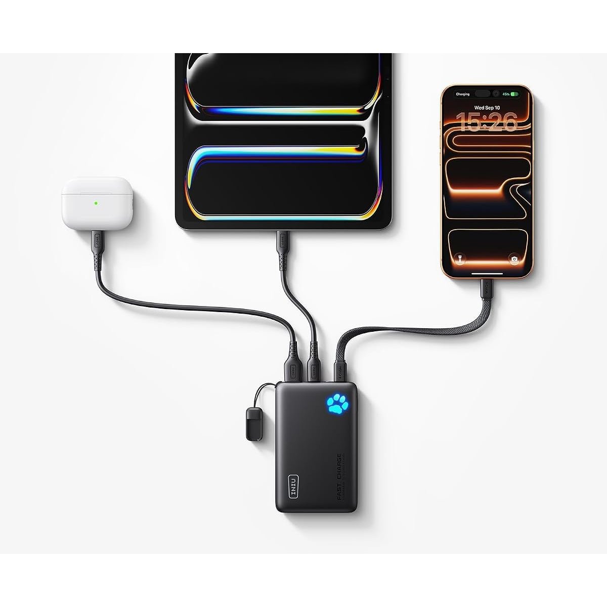 10000mAh 45W Fast Charging Slim Power Bank with Detachable USB-C Cable