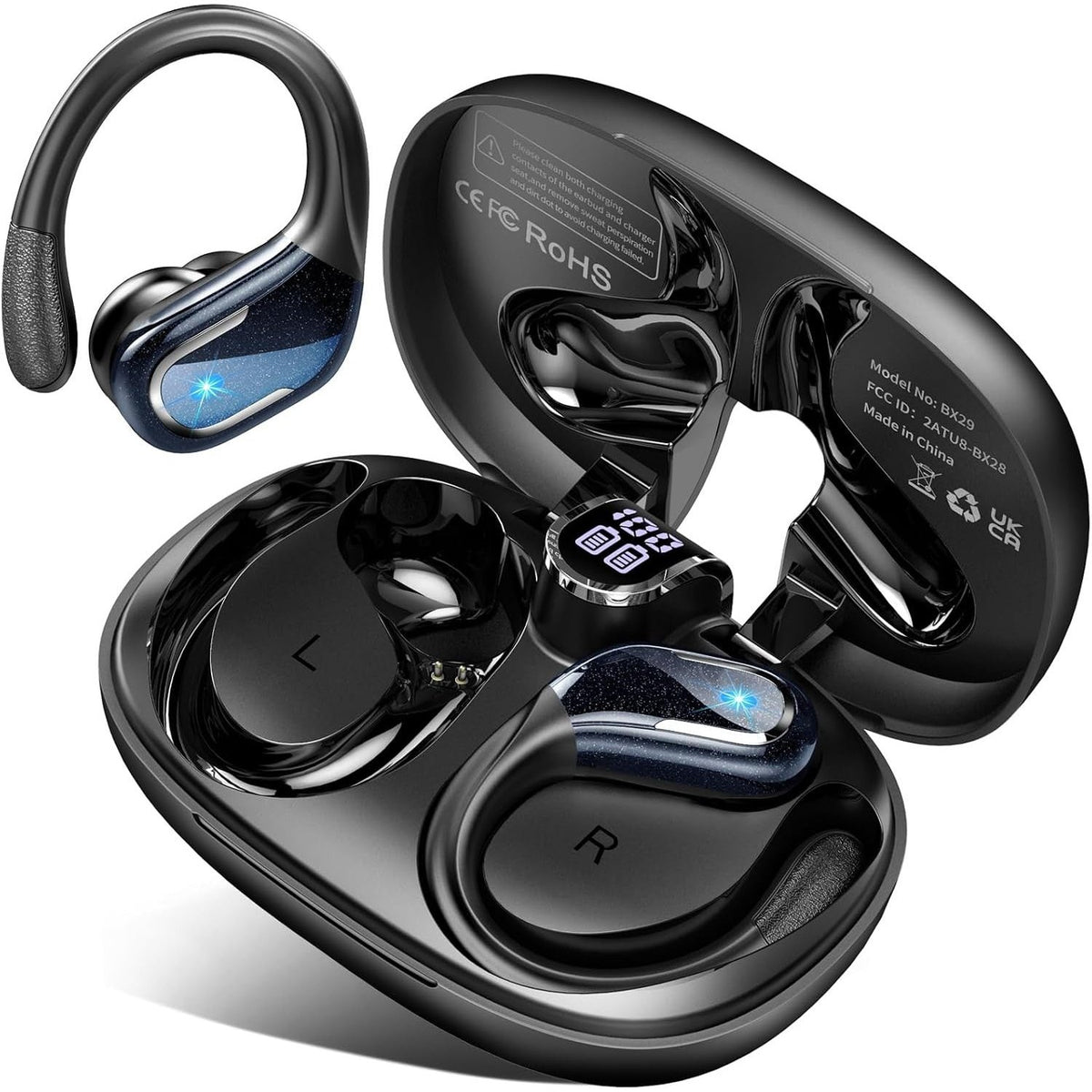 Wireless Sport Earbuds with Earhooks and LED Charging Case, 75H Playtime